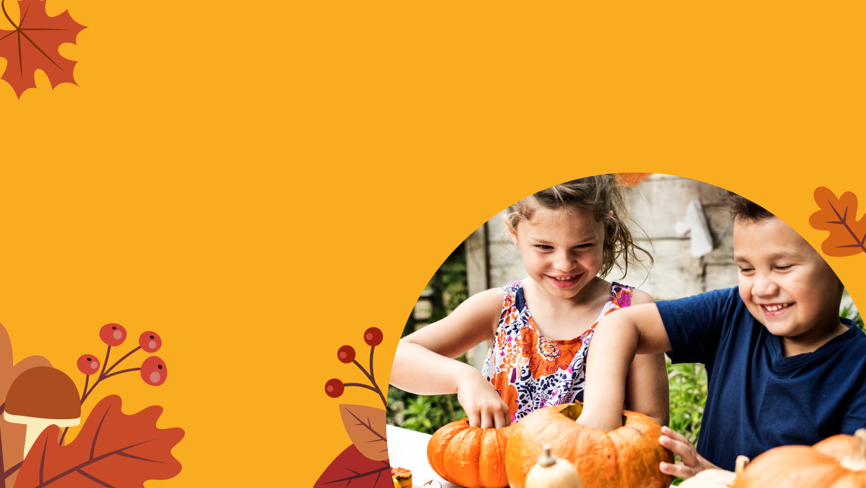 Kids preparing pumpkins and squash for thanksgiving.